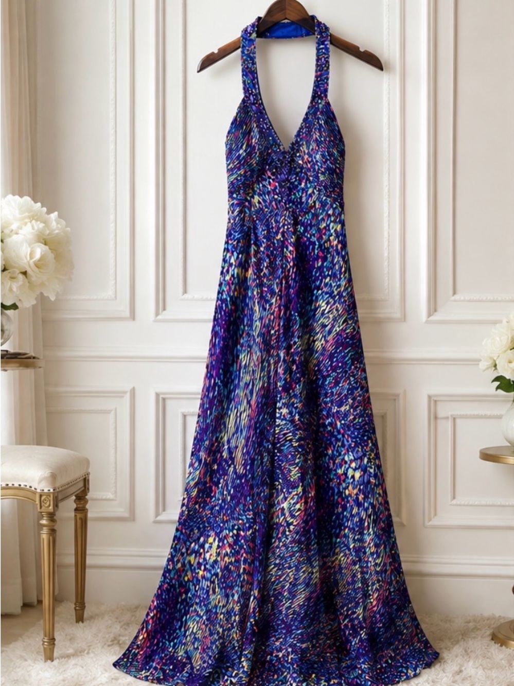 Morgan & Co. Halter Maxi Dress in Blue Multicolor Print